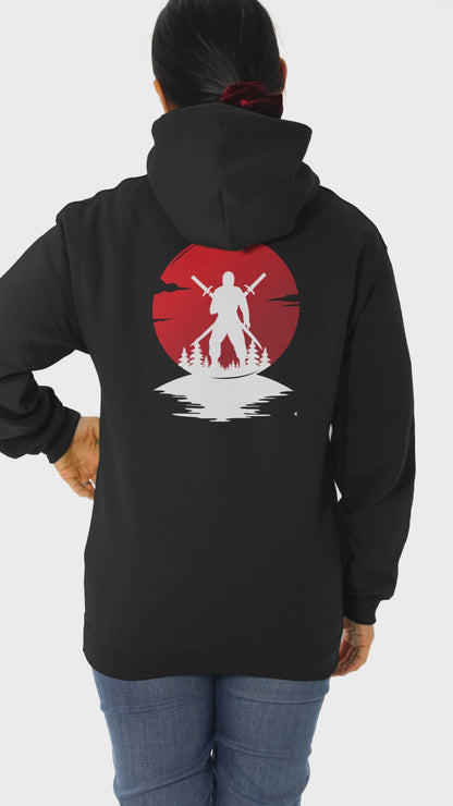 Samurai Sunset Pullover Hoodie l Warrior Spirit in the Setting Sun | Unisex Cozy Pullover Hoodie | 8 Colors